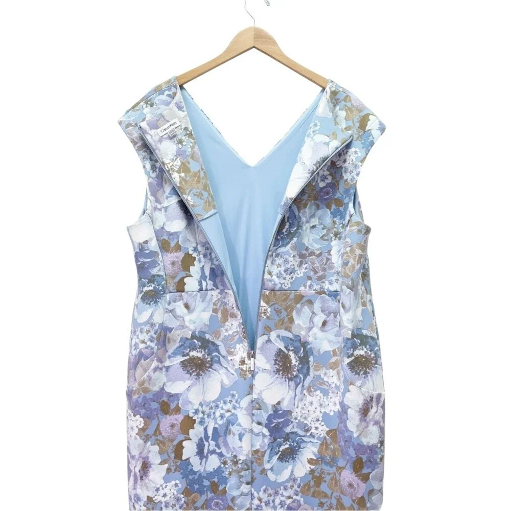 NWT Calvin Klein 22W Blue Floral Sheath Dress Plus Size Cap Sleeve Career